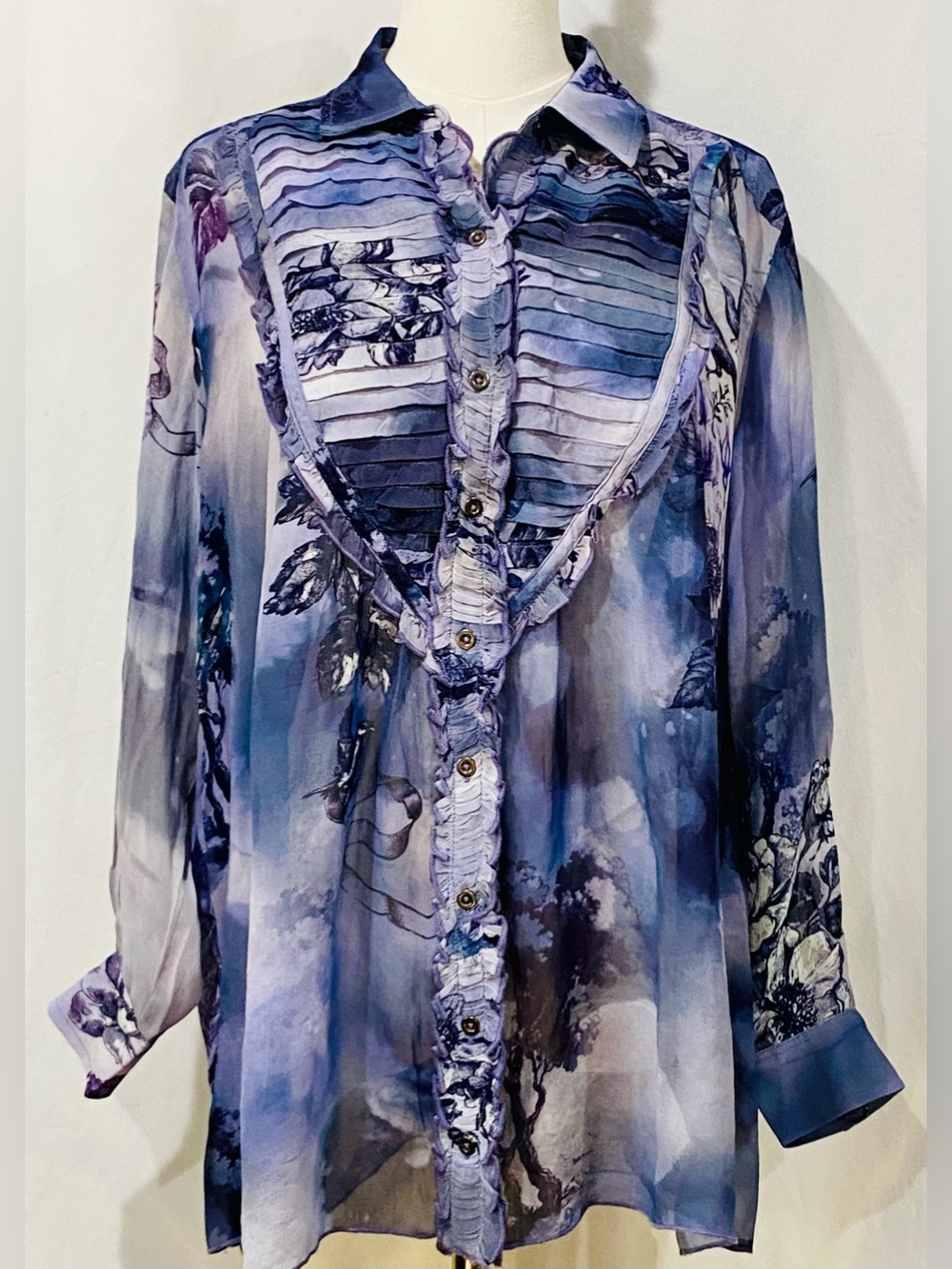 Pilcro Anthropologie Lavender & Blue Sheer Ruffle-Trim Button Down Blouse Toile
